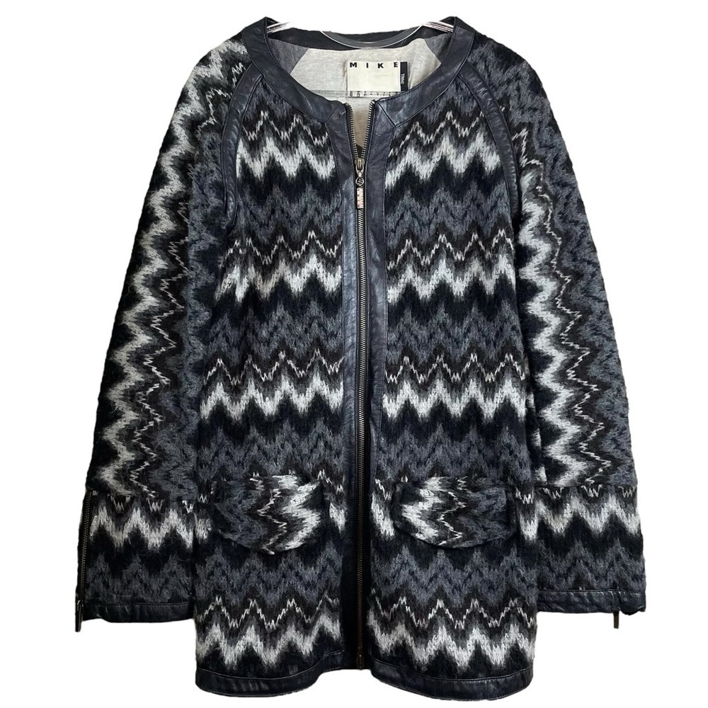 Mike Gonzalez Wool Knit Genuine Leather Trim Cardigan Jacket Gray Black Sz Small